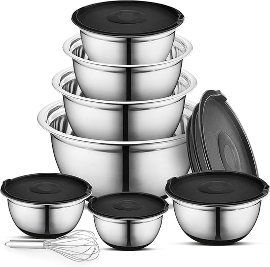AVADOR Premium Stainless Steel Mixing Bowls, Set of 5 Brushed Stainless Steel Mixing Bowl Set, Easy To Clean, Space Saving, Great for Cooking, Baking, Prepping (7 pc Anti Slip Mixing Bowl + Whisk)