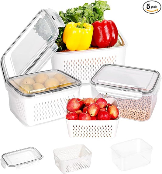 15 PCS Fruit Storage Containers for Fridge with 5 Airtight Lids,5 Removable Colander,5 Food Storage Container,Produce Saver Container Dishwasher Safe Keep Berry Fruit Vegetable Fresh Longer