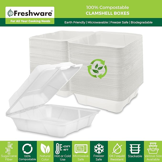 Freshware Compostable Clamshell Take Out Food Containers [9x9" 200-Pack] Disposable To Go Containers, Biodegradable Sugarcane To Go Boxes - Paper Food Containers - Microwave & Freezer Safe, Stackable