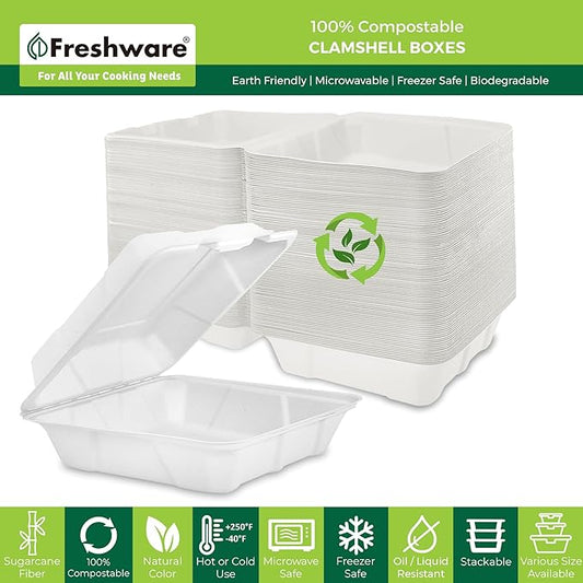 Freshware Compostable Clamshell Take Out Food Containers [9x9" 200-Pack] Disposable To Go Containers, Biodegradable Sugarcane To Go Boxes - Paper Food Containers - Microwave & Freezer Safe, Stackable