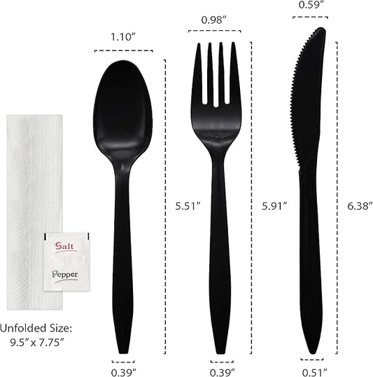 Party Essentials Individually Wrapped Plastic Cutlery Packets/Silverware Kits, Black Fork/Spoon/Knife/Napkin/Salt/Pepper, 100 Sets