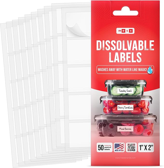 MESS Dissolvable Food Labels for Containers -Blank,1x2 50" Mason Jar Labels - Dissolvable Labels Work in 30 Seconds – Removable Freezer Labels for Food Containers - Canning Labels - Kitchen Stickers