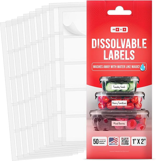 MESS Dissolvable Food Labels for Containers -Blank,1x2 50" Mason Jar Labels - Dissolvable Labels Work in 30 Seconds – Removable Freezer Labels for Food Containers - Canning Labels - Kitchen Stickers