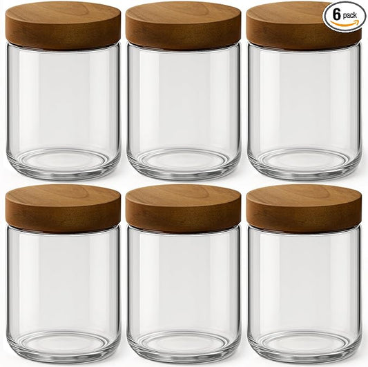 16oz 6 Pack Overnight Oats Containers with Lids, Glass Mason Jars with Acacia Wood Airtight Lids, Wide Mouth Meal Prep Storage Jars for Yogurt, Chia Pudding, Salad, Parfait, Snacks, Spice