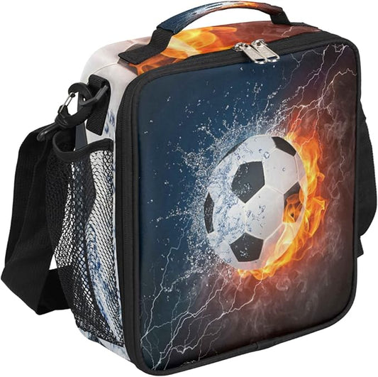 Bardic Fire Soccer Ball Lunch Box for Kids, Sports Football Insulated Bag Boys Girls, Reusable Waterproof with Adjustable Shoulder Strap Cooler Tote School, Work, Picnic, One Size