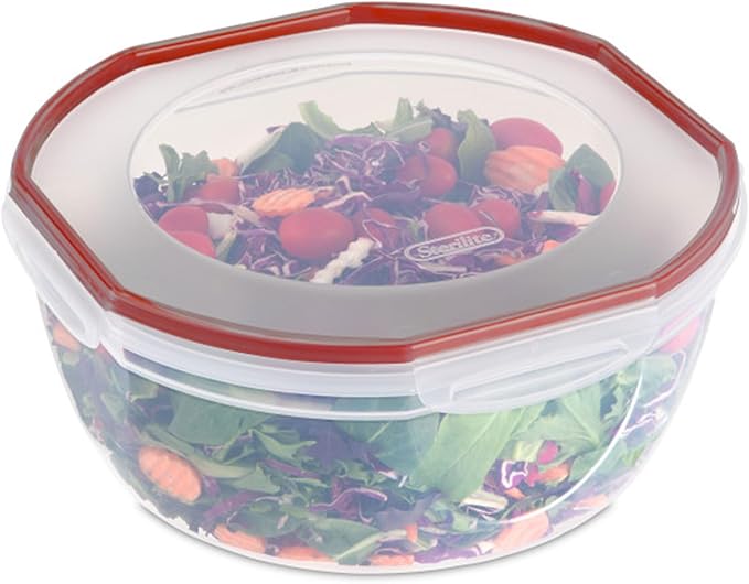 Sterilite Ultra-Seal 8.1 Qt Bowl, Large Airtight Food Storage Container, Latching Lid, Microwave and Dishwasher Safe, Clear With Red Gasket, 4-Pack