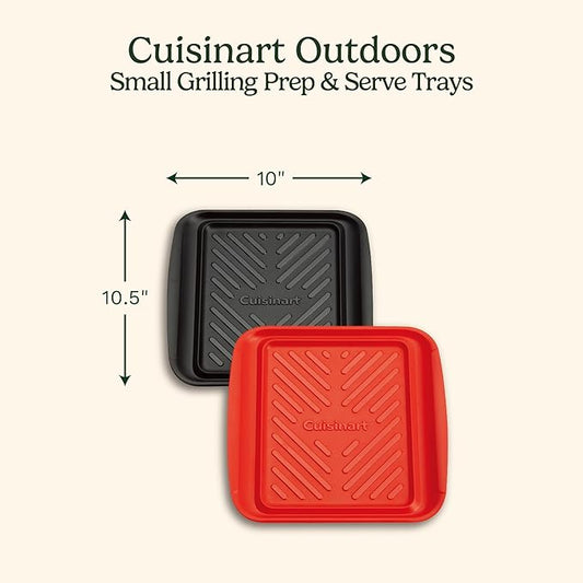 Cuisinart Grilling Prep & Serve Trays, 10.5x10.5 inch Small BBQ Tray Safe for Food Handling, 2 Dishwasher Safe Nesting Trays Black & Red, Perfect Grilling Tray for Cooked & Raw Meat, Fits 4 Burgers