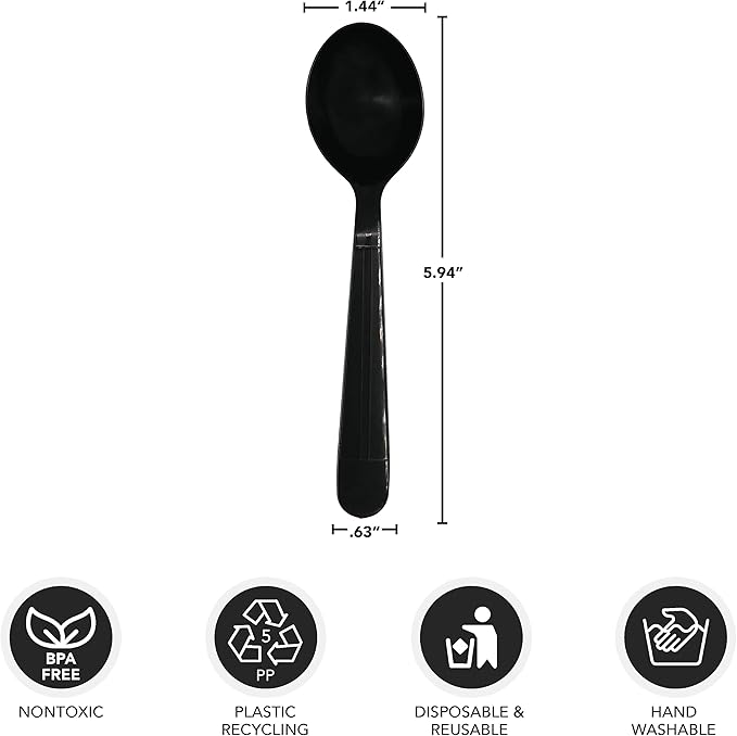 Party Essentials Individually Wrapped Black Plastic Utensil Sets/Heavy Duty Flatware Packs, Soup Spoon, 100 Sets