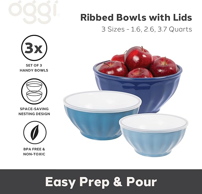 Oggi Set of 3 Ribbed Mixing Bowls with Lids - Nested Plastic Bowls for Kitchen, Durable Mixing Bowls Set, BPA-Free Plastic Bowls with Lids - 1.6, 2.6, 3.7 Qt