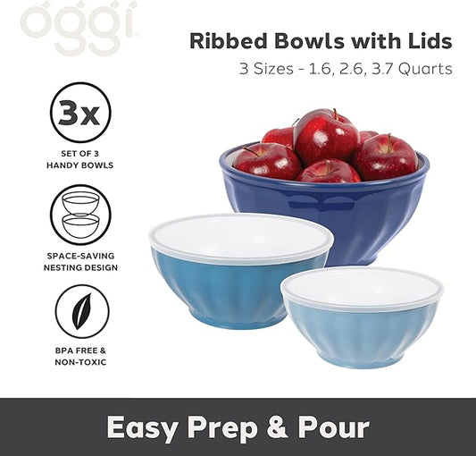 Oggi Set of 3 Ribbed Mixing Bowls with Lids - Nested Plastic Bowls for Kitchen, Durable Mixing Bowls Set, BPA-Free Plastic Bowls with Lids - 1.6, 2.6, 3.7 Qt