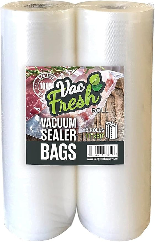 Vac Fresh Food Vacuum Sealer Rolls (2, 11" x 50')3.5mil Embossed Food Storage Bags, Vacuum Seal Bags for Meal Prep, Sous Vide Bags for Cooking (100 Feet)