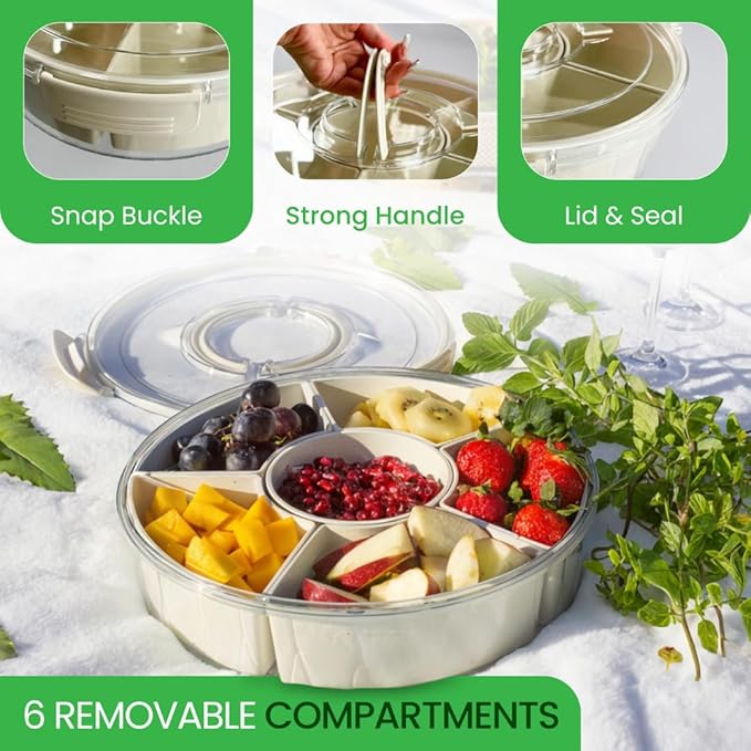 Divided Serving Tray with Lid & Handles for Snacks - Portable Round Snackle Box Container with 6 Compartments - 12" Charcuterie Board for Hosting & Party - BPA-Free & Freezer Safe Veggie Tray