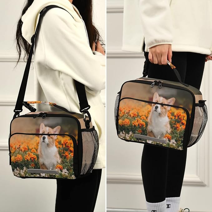 Dog Puppy Lunch Box for Kids Adults Little Corgi Pembroke Puppy Adventures Flowers Insulated Lunch Bag with Shoulder Strap Reusable Cooler Bags Lunch Tote for Office School Girls Boys Teens