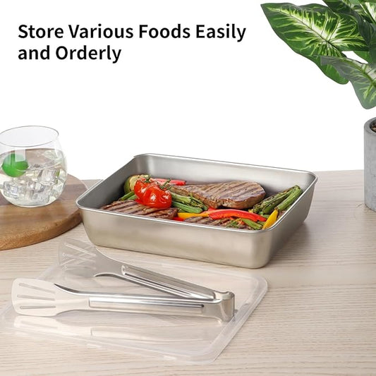 Breading Trays Set of 3, 10 x 8 x 2 Inches Large Stainless Steel Breading Pans for Cooking with Lids & Tong, Food Containers for Dredging Chicken Breasts and Marinating Meat, Food Prep Holders