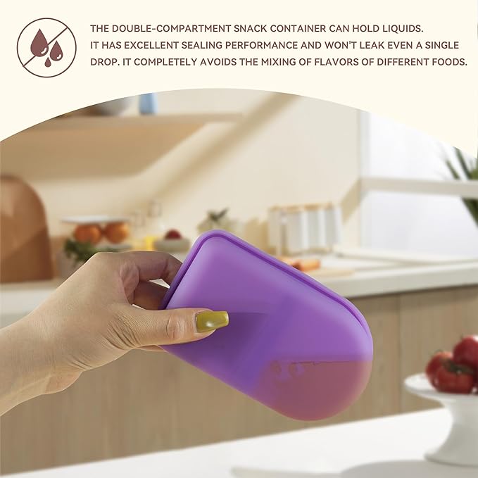 1 Pcs Silicone Reusable Snack Containers, 2-Compartment Dipping Containers with Lid,For refrigerated, outdoor takeout, portion controlled snack sauce containers (Purple,1 Pcs)