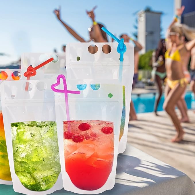 100 PCS Reusable Juice Pouches for Adults, Heavy Duty Plastic Smoothie Bags With 100 Straws Funnel for Cold Hot Drinks