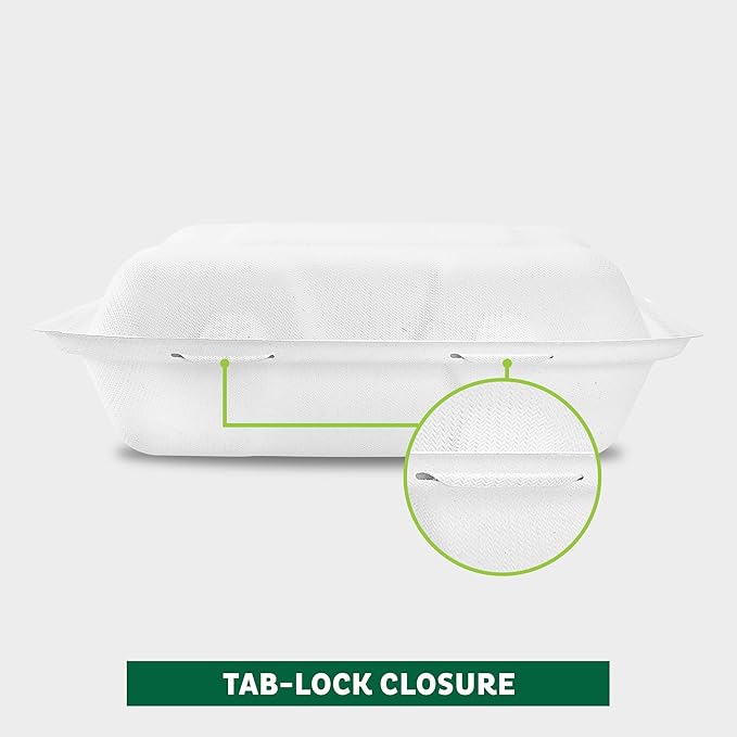 Freshware Clamshell Food Containers with Lids [8x8 100-Pack] Disposable To Go Containers, Biodegradable Sugarcane To Go Boxes - Paper Container - Microwave & Freezer Safe, Stackable