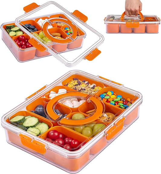 U-QE Dishwasher Safe Snackle Box Container with 8 Small Snacks Box - Premium Orange Plastic Divided Serving Tray with Lid and Handle for Snack, Veggie, Fruits, Perfect for Party, Picnic,Entertaining
