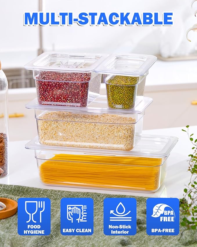 1/6 Size 4 Inch Clear NSF Polycarbonate Food Pan-9 PCS[Food Grade][Hot&Cold Resistant] Commercial Pans with Lids, Restaurant Storage Containers Hotel Pan(BPA-FREE)