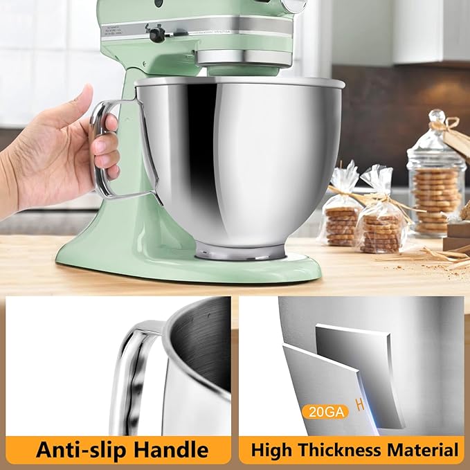 5 QT Food Grade Stainless Steel Mixer Bowl Compatible With KITCHENAID TILT-HEAD STAND MIXERS 4.5-5 Quart, Mixing Bowl with Anti-Slip Handle & Prominent Clasp, Stainless Steel Polished