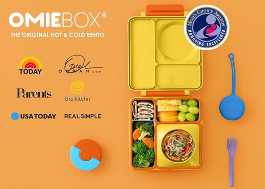 OmieBox Bento Box for Kids - Insulated Bento Lunch Box with Leak Proof Food Jar - 3 Compartments, Two Temperature Zones - (Sunshine)