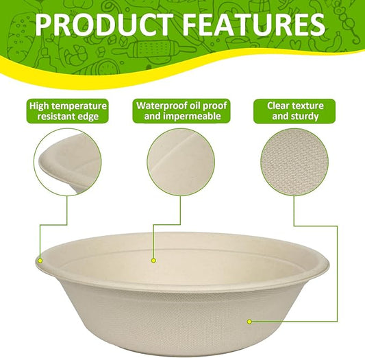 Paper Bowls, 100% Compostable Disposable Soup/Salad Bowls 32 Oz 50 Pack, PFAS-Free BPI Certified Eco-Friendly Hot/Cold Food Bowls, Natural Brown