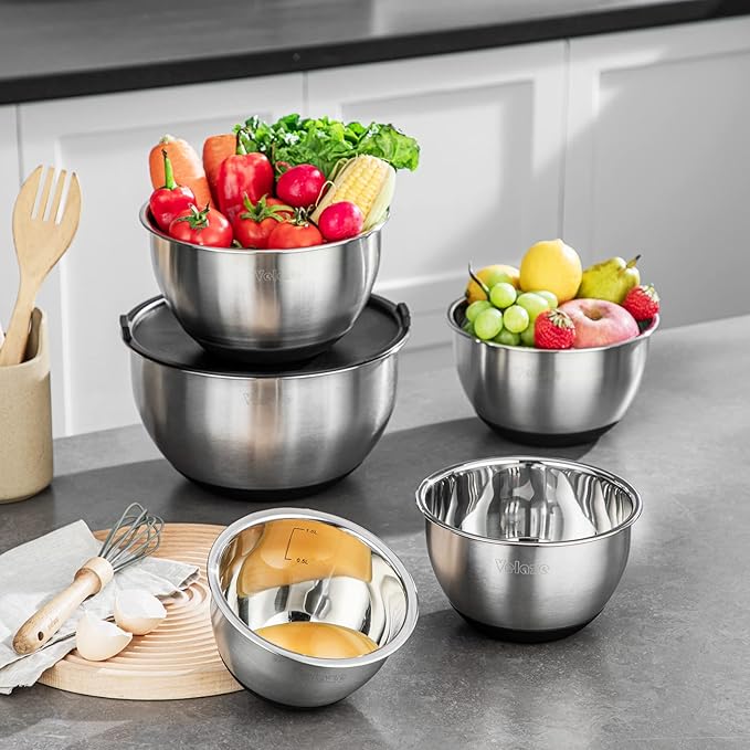 Velaze Mixing Bowls Set of 5, Stainless Steel Nesting Bowls with Airtight Lids, 3 Grater Attachments, Non-Slip Bottom & Measurement Marks, Size 5, 3, 2, 1.5, 1 QT for Mixing & Prepping