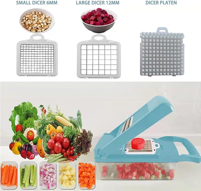 Vegetable Chopper with Container,13-in-1 Multifunctional Food Chopper and Slicer, Onion and Garlic Dicer, Kitchen Essential with 8 Blades for Effortless Meal Prep