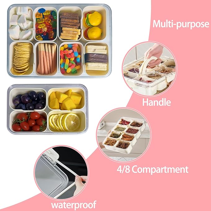2PCS Plastic Divided Serving Tray with Lid Snackle Box Charcuterie Container Portable Snack Platters Organizer for Candy, Fruits, Snacks, Nuts, for Party, Entertaining, Picnic (8 Compartment)
