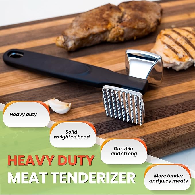 Spring Chef Stainless Steel Rectangular Measuring Spoons, Set of 7 & Heavy Duty Meat Tenderizer, Black - 2 Product Bundle