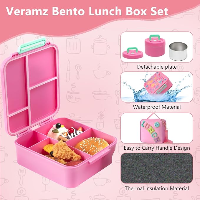 Bento Lunch Box for Kids with 8.5oz Soup Thermo, Kids Leakproof Lunch Food Containers with 4 Compartment, Pink Nylon Insulated Lunch Bag Adjustable Strap for Girl Teens School Travel Picnic