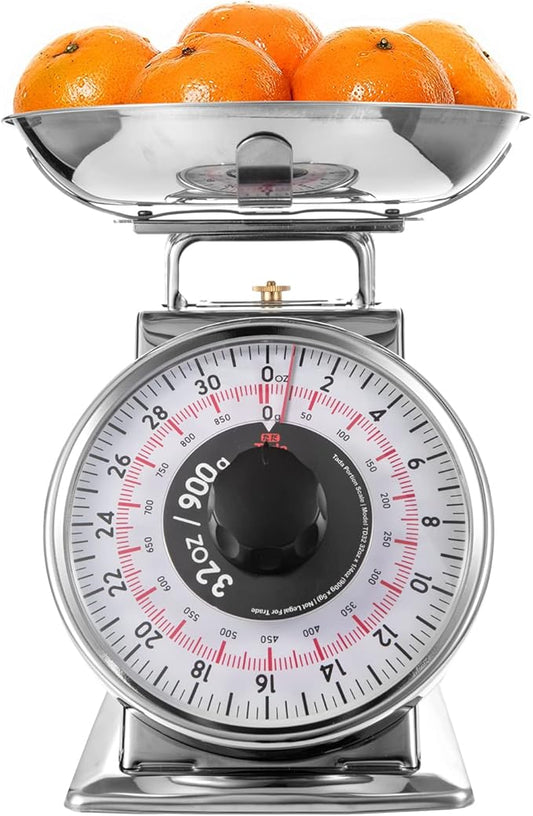 Tada 2 Pound Precise Portions Analog Food Scale 32 Ounces Stainless Steel Mechanical Kitchen Scale Removable Bowl, Tare Function, Retro Style, Kitchen Friendly