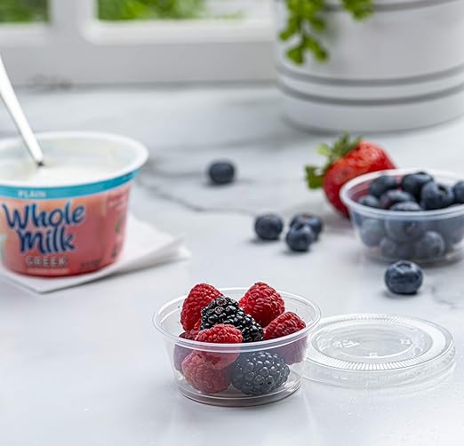 Clear Disposable Plastic Portion Cups With Lids (200 Sets - 3.25 Oz) - Disposable Condiment Cups, Sauce/Dip/Dressing Cups, Souffle Cups & Jello Shot Cups With Lids | Grea