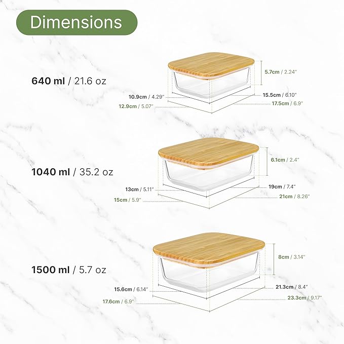 3 Pcs Glass Food Storage Containers with Bamboo Cutting Board and Airtight Lid, Ideal for Preparing and Storing Meals, Food, Fruits, Salad and more Ingredients (22oz, 35oz and 51oz)