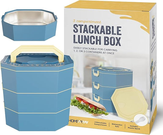 Stainless Steel Stackable Bento Box Adult Lunch Box with Cutlery - Hot/Cold - Separates Ideal Portion Sizes - Reusable Tin Inserts - Dishwasher Safe - Stackable Lunch Container for Adults with Spork