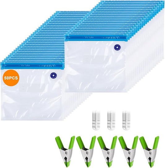 Reusable Sous Vide Bags 58Pcs BPA-Free, 1.4L Vacuum Sealer Bags for Cooking & Microwave, 50 Zipper Bags, 3 Seal Clips ＆ 5 Cooking Clips, Heat-Resistant & Leakproof (8.5x8.5in)