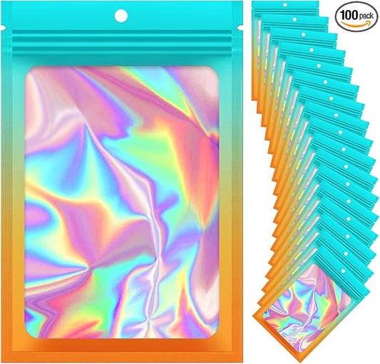 100 Pieces Resealable Mylar Bags, Smell Proof Bags with Clear Window for Food Storage Party Favor Packaging Small Business (Green&Orange, 4.1×5.9 Inch)