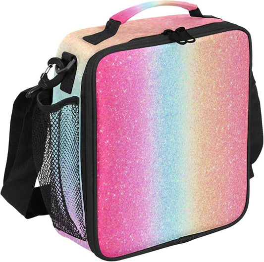 Pardick Lunch Box Rainbow Pink Glitter Insulated Lunch Bag Lunchbox with Adjustable Shoulder Strap Waterproof Cooler Bags for Travel/Picnic/Beach