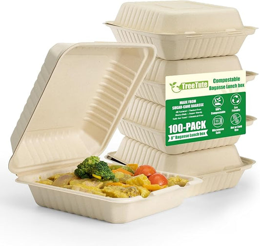 [8”X8” 100-Pack Compostable Clamshell Take Out Food Containers with Lid, Disposable Heavy-Duty To Go Containers Lunch Box, Eco-Friendly Biodegradable Bagasse To Go Boxes for Restaurant,Party