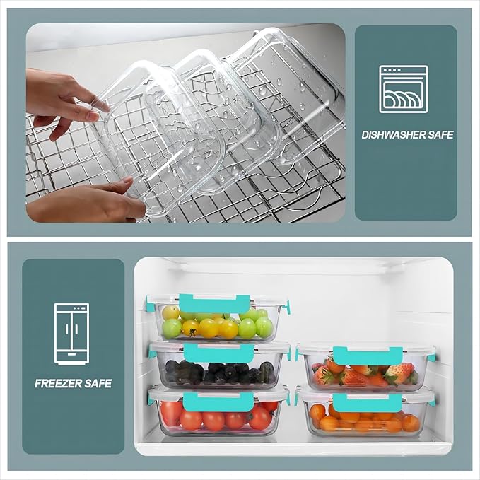 30 oz 5 Pack Glass Meal Prep Containers 2 Compartments, Glass Food Storage Containers with Lids, Airtight Glass Lunch Box, Microwave, Oven and Freezer Safe, Green