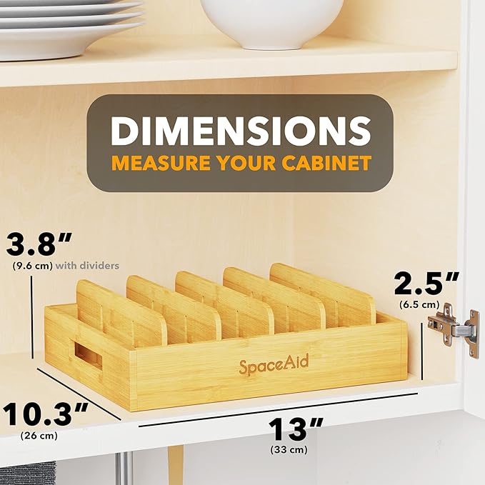 SpaceAid Bamboo Lid Organizer, Kitchen Pantry Lids Holder with 5 Adjustable Dividers for Cabinets, Food Storage Container Organizers, Natural