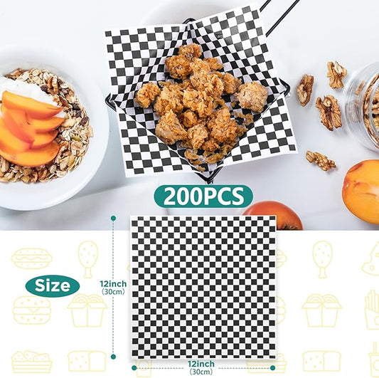 GeeRic Waxed Deli Paper Sheets 12 * 12 Inch, 200 Pcs Food Basket Liners for Sandwiches, Burgers, Checkered Deli Wrap Wax Paper Sheets Black