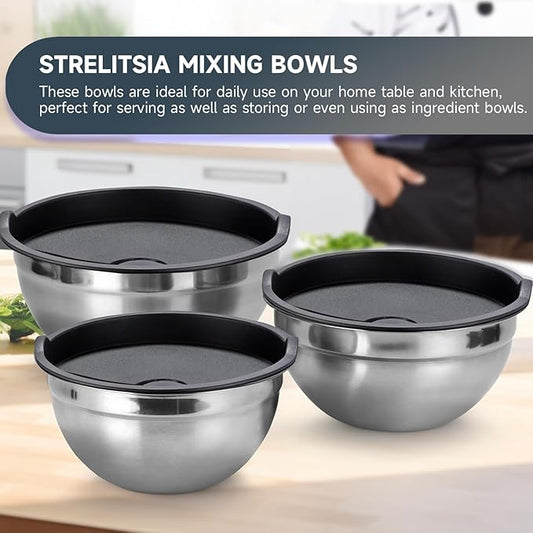 Mixing Bowls Set of 5,Stainless steel Nesting Bowls with Airtight Lids,Size 5, 4, 3.5, 2, 1.5QT for Baking,Cooking,Prepping and Saving Food (BLACK, 25PCS)