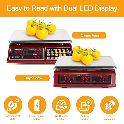 Price Computing Scale 66lb Digital Rechargeable Commercial Weight for Produce Food Meat Fruit Vegetable with Dual Large Display, Give Change Function and 5 Direct Plus Included, Not for Trade