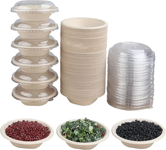 12 oz Round Disposable salad bowls with lids, Sugarcane Fiber Paper Bowls take away food containers Plant Fibers Freezer Safe 50 Pack