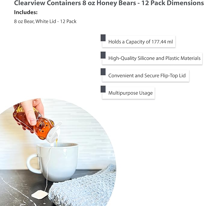12 Pack of 8 Ounce Honey Bears with Sealable White Flip Top Lids (8 oz. Bear, 12pk, White)
