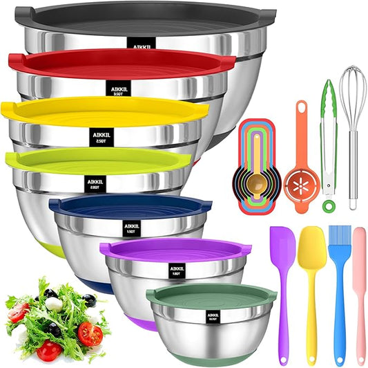 Bowls with Airtight Lids, 20 piece Stainless Steel Metal Nesting Bowls, Non-Slip Colorful Silicone Bottom, Size 7, 3.5, 2.5, 2.0,1.5, 1,0.67QT, Great for Mixing, Baking, Serving