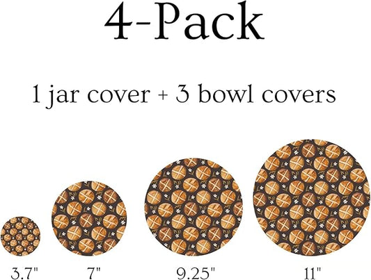 (4-Pack) Sourdough Reuseable Jar & Bowl Covers | Cute Baking Gift | 100% Cotton (3.7in, 7in, 9.25in, 11in) | Washable | Bread Making and Proofing | Kitchen Food Storage Gifting | Starter Cover Lid Kit