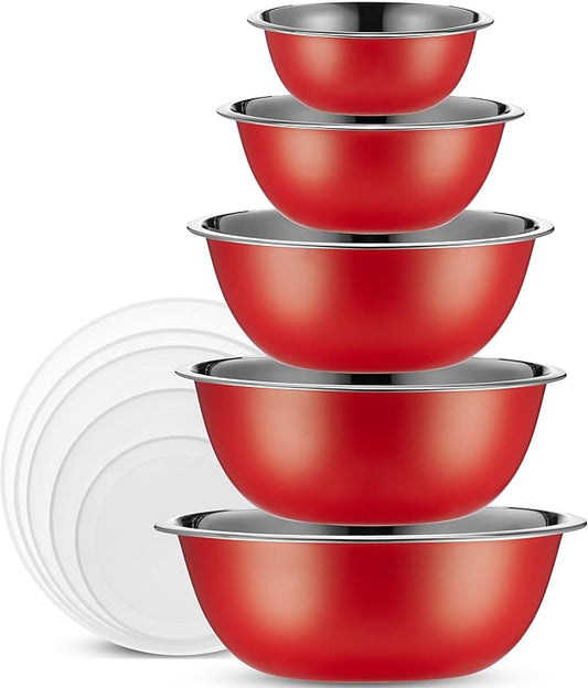 WHYSKO Stainless Steel Mixing Bowl Set, 10 Piece Stainless Steel Mixing Bowls with Lids Set for Food Prep Storage and Serving, Dishwasher Safe Microwave Safe for Kitchen Baking Cooking, Red