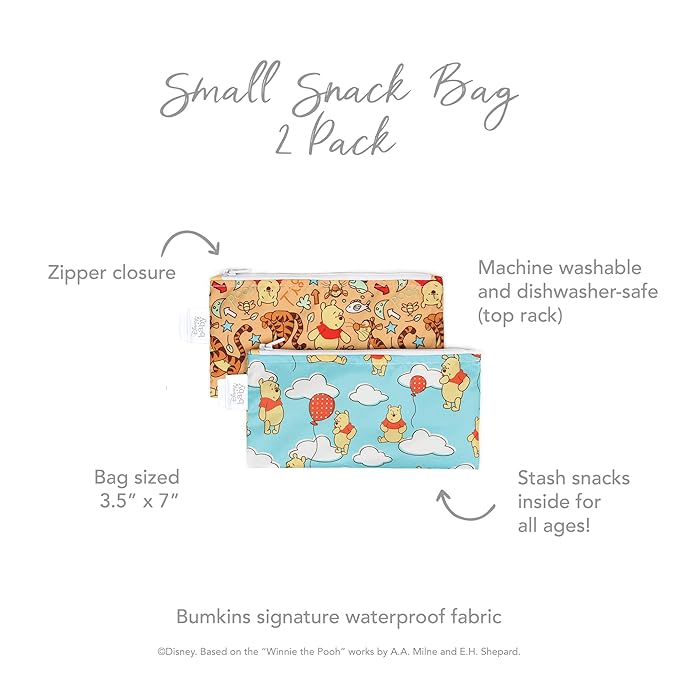 Bumkins Disney Reusable Snack Bags, for Kids School Lunch and for Adults Portion, Washable Fabric, Waterproof Cloth Zip Bag, Supplies Travel Pouch, Food-Safe Storage, 2-pk Winnie the Pooh